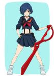  blue_hair collarbone commentary_request company_connection cosplay darling_in_the_franxx fingerless_gloves gloves green_eyes hair_ornament hair_over_one_eye hairclip hand_on_hip highres ichigo_(darling_in_the_franxx) kill_la_kill legs_apart matoi_ryuuko matoi_ryuuko_(cosplay) midriff navel plaid plaid_skirt pleated_skirt red_gloves red_neckwear sailor_collar school_uniform scissor_blade senketsu serafuku shoes short_hair single_glove skirt sneakers solo sungose suspenders trigger_(company) 