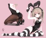  animal_ears arm_support arm_up ass ass_visible_through_thighs backless_outfit bangs bare_shoulders black_bow black_footwear black_leotard black_neckwear black_ribbon blush bow bowtie breasts brown_eyes brown_hair brown_legwear bunny_ears bunny_tail bunnysuit detached_collar fake_animal_ears fake_tail girls_und_panzer head_out_of_frame high_heels highres kneeling leaning_to_the_side leotard long_hair looking_at_viewer multiple_views no_shoes not_on_shana pantyhose pink_background ribbon shimada_arisu side-tie_leotard signature simple_background sitting small_breasts striped striped_legwear tail thighhighs twintails 