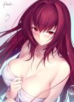  :/ artist_name bangs bare_shoulders blush breasts cleavage closed_eyes collarbone dutch_angle embarrassed eyebrows_visible_through_hair fate/grand_order fate_(series) gradient gradient_background hair_intakes hand_on_own_chest kousaki_rui large_breasts long_hair naked_towel red_eyes red_hair scathach_(fate)_(all) scathach_(fate/grand_order) sidelocks skindentation solo sweat towel tsurime upper_body v-shaped_eyebrows very_long_hair water water_drop 