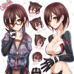  &gt;_&lt; :&gt; ^_^ android animal_ears bangs black-framed_eyewear black_gloves blush blush_stickers breasts brown_eyes brown_hair cat_ears character_name cleavage closed_eyes closed_mouth collarbone commentary expressions glasses gloves hair_between_eyes hand_up highres looking_at_viewer mechanical_arms medium_breasts multiple_views navel revealing_clothes roboco-san roboco_ch. semi-rimless_eyewear short_hair sidelocks silve smile under-rim_eyewear upper_body virtual_youtuber yellow_eyes 