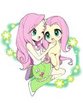  2018 5_fingers boots clothed clothing crossover cute duo equestria_girls equine eyebrows eyelashes female feral flower fluttershy_(eg) fluttershy_(mlp) footwear friendship_is_magic fully_clothed hair hairclip hi_res hooves human long_hair mammal mituuuuya my_little_pony nude one_eye_closed open_mouth open_smile pink_hair plant shirt simple_background size_difference skirt smile teal_eyes tongue white_background 