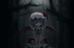  bat_wings between_legs blue_hair dark darkness dress forest hand_between_legs hat highres looking_at_viewer mini_wings nature night outdoors remilia_scarlet sumr the_embodiment_of_scarlet_devil touhou wings 