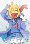  ahoge animal_ears arm_up artoria_pendragon_(all) bad_id bad_pixiv_id bangs black_legwear blonde_hair blue_jacket blue_serafuku blue_shirt blue_skirt cat_ears cat_girl cat_tail commentary_request covered_mouth drawstring eyebrows_visible_through_hair fate/grand_order fate_(series) fringe_trim garter_straps glasses hair_between_eyes highres jacket kemonomimi_mode long_sleeves looking_at_viewer mitu_yang mysterious_heroine_x_(alter) neckerchief pleated_skirt red_neckwear red_scarf scarf school_uniform serafuku shirt sidelocks skirt solo tail thighhighs yellow_eyes 