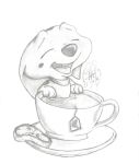  101_dalmatians 2007 beverage cadpig cadpig07 canine cup dalmatian disney dog eyes_closed food fruit greyscale mammal monochrome open_mouth open_smile pencil_(artwork) relaxing saucer simple_background smile solo tea traditional_media_(artwork) white_background 