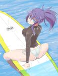  afloat ass bikini bikini_bottom blue_eyes breasts character_name from_behind hair_between_eyes imura_(shiro_maru) large_breasts long_hair long_sleeves looking_at_viewer looking_back original ponytail purple_hair see-through shiro_maru side-tie_bikini solo spread_legs straddling surfboard surfing swimsuit swimwear water wet white_bikini 