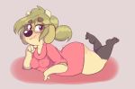  2017 anthro big_butt black_nose blush bottomless bovine breasts butt cattle clothed clothing eyewear feet_up female freckles fur glasses green_fur green_hair hair horn legs_up legwear looking_back lying maggie_hudson mammal nipple_bulge on_front pink_background red_eyes short_tail simple_background slightly_chubby smile solo sprocket_(artist) stockings sweater tan_fur wide_hips 
