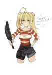  :&gt; ahoge belt blue_shorts blush cowboy_shot fate/grand_order fate_(series) frying_pan green_eyes looking_at_viewer nakatokung nero_claudius_(fate) nero_claudius_(fate)_(all) shirt short_shorts shorts simple_background smile solo striped striped_shirt translated twintails white_background 