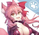  animal_ears bow breasts choker cleavage collarbone eyebrows_visible_through_hair fang fate/grand_order fate_(series) fox_ears fox_tail glasses hair_bow large_breasts long_hair looking_at_viewer open_mouth pink_hair sidelocks skin_tight solo tail tamamo_(assassin)_(fate) tamamo_(fate)_(all) very_long_hair yaxiya yellow_eyes 
