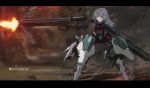  armor battle clothes firing grey_eyes grey_hair gun highres mecha_musume mechanical_arm mechanical_legs muzzle_flash oota_youjo original short_hair standing weapon 