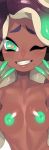  animal_humanoid areola breasts dark_skin double_v_sign exotic_pupils eyelashes female glo-s-s green_eyes green_nipples hair headphones humanoid long_hair looking_at_viewer marina_(splatoon) mole_(marking) multicolored_hair multicolored_skin nintendo nipples not_furry octoling one_eye_closed open_mouth open_smile small_breasts smile solo splatoon splatoon_2 suction_cup teal_eyes teal_nipples tentacle_hair tentacles two_tone_hair two_tone_skin v_sign video_games 