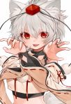  animal_ears bad_id bad_twitter_id bangs blush commentary_request crop_top eyebrows_visible_through_hair gotoh510 grey_hair hands_up hat highres inubashiri_momiji long_sleeves looking_at_viewer midriff open_mouth parted_lips pom_pom_(clothes) red_eyes red_ribbon ribbon ribbon-trimmed_sleeves ribbon_trim short_hair silver_hair simple_background smile solo tail tassel tokin_hat touhou upper_body white_background wide_sleeves wolf_ears wolf_girl wolf_tail 