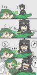  2girls animal_ears bare_shoulders bear_ears black_hair blush chameleon_tail comic commentary_request eyebrows_visible_through_hair full-face_blush gloves green_hair hood japanese_black_bear_(kemono_friends) kemono_friends long_sleeves mukouyama_mu multicolored_hair multiple_girls musical_note neckerchief necktie panther_chameleon_(kemono_friends) short_hair sleeping sweater tail translated waking_up white_hair zzz 