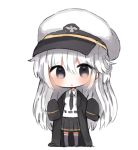  azur_lane bangs black_coat black_legwear black_neckwear black_skirt breasts brown_eyes chibi coat collared_shirt cottontailtokki enterprise_(azur_lane) eyebrows_visible_through_hair full_body hair_between_eyes hat long_hair necktie open_clothes open_coat oversized_clothes peaked_cap pleated_skirt shirt silver_hair simple_background skirt small_breasts solo standing thighhighs very_long_hair white_background white_hat white_shirt 