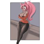  anthro big_breasts bra breasts brown_fur bulge canine clothed clothing dickgirl dog fangs fur hair hands_behind_back huge_breasts inner_ear_fluff intersex large_breats mammal open_mouth ped_verse pedverse pink_hair red_eyes simple_background skimpy solo standing tongue underwear 
