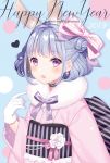  1girl 2019 :d animal_ears artist_name blue_background blue_hair blush bow bunny_ears commentary english_commentary fur_collar gloves hair_bow hair_bun happy_new_year heart japanese_clothes kimono long_sleeves looking_at_viewer new_year obi open_mouth original pink_bow pink_kimono red_eyes sash side_bun smile solo striped striped_bow upper_body vertical_stripes wasabi_(sekai) white_gloves wide_sleeves 