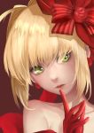  absurdres ahoge bangs bare_shoulders blonde_hair bow collarbone earrings eyelashes eyes_visible_through_hair face fate/extra fate_(series) finger_to_mouth gloves green_eyes hair_bow hair_intakes head_tilt highres jewelry lips looking_to_the_side nero_claudius_(fate) nero_claudius_(fate)_(all) red_bow red_gloves red_lips solo yoruka_kii 