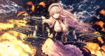  apron azur_lane bangs belfast_(azur_lane) blue_eyes blush braid breasts cannon catbell chain cleavage cloud cloudy_sky collar collarbone commentary_request dress evening explosion eyebrows_visible_through_hair fire firing floating_hair french_braid frills gloves hair_between_eyes highres large_breasts long_hair looking_afar machinery maid maid_headdress outstretched_arm rigging sidelocks silver_hair sky smile smoke smoke_trail solo spray turret water_drop white_gloves 
