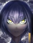  airysher bangs commentary_request eyebrows_visible_through_hair face glowing glowing_eyes grey_hair hair_between_eyes highres kemono_friends looking_at_viewer shoebill_(kemono_friends) solo yellow_eyes 