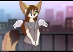  2018 5_fingers anthro black_bars black_nose canine clothed clothing digital_media_(artwork) feathered_wings feathers female fox green_eyes heterochromia hybri inner_ear_fluff kyotokisha15 mammal smile solo white_feathers wings 