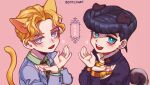  2boys animal_ears black_hair blonde_hair blue_eyes blush cat_ears cat_tail chibi diamond_wa_kudakenai dog_ears dog_tail formal gakuran higashikata_josuke jojo_no_kimyou_na_bouken kira_yoshikage male_focus multiple_boys necktie purple_eyes school_uniform sempon_(doppio_note) suit tail 