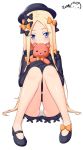  abigail_williams_(fate/grand_order) bangs black_bow black_dress black_footwear black_hat blonde_hair blue_eyes blush bow bug butterfly commentary_request covered_mouth dress eyebrows_visible_through_hair fate/grand_order fate_(series) forehead hair_bow hat head_tilt highres insect long_hair long_sleeves looking_at_viewer object_hug orange_bow panties parted_bangs pigeon-toed polka_dot polka_dot_bow ppshex shoes signature simple_background sleeves_past_fingers sleeves_past_wrists solo stuffed_animal stuffed_toy teddy_bear underwear very_long_hair white_background white_panties 
