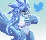  2019 absurd_res alesarox anthro areola avian beak big_breasts bird blue_feathers blush breasts digital_media_(artwork) feathered_wings feathers female hi_res huge_breasts looking_at_viewer meme nipples non-mammal_breasts one_eye_closed open_beak open_mouth pussy solo tweetfur twitter winged_arms wings 