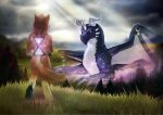  2018 anthro canine day detailed_background digital_media_(artwork) dog dragon duo feral grass horn mammal membranous_wings outside shalinka sky wings 