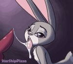  animal_genitalia animal_penis anthro breasts buckteeth canine_penis cum cum_drip cum_in_mouth cum_inside cum_on_tongue cum_string disney dripping featureless_breasts female female_focus flat_chested fur interspecies judy_hopps lagomorph mammal open_mouth penis purple_eyes rabbit simple_background starshippizza teeth tongue tongue_out zootopia 