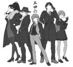  3girls bag black_gloves braid cellphone cigarette closed_eyes coat commentary_request dress_shirt earrings executive_mishiro eyewear_removed facial_hair fedora formal full_body fur_collar glasses gloves greyscale hair_over_shoulder hands_in_pockets hat high_heels high_ponytail highres idolmaster idolmaster_cinderella_girls imanishi_(idolmaster) jacket jacket_on_shoulders jewelry loafers long_hair looking_at_viewer monochrome multiple_boys multiple_girls murakami_tomoe necktie nigou open_clothes open_coat open_jacket open_mouth pantyhose pencil_skirt phone ponytail producer_(idolmaster_cinderella_girls_anime) scarf senkawa_chihiro shirt shoes short_hair shoulder_bag simple_background single_braid skirt smartphone smile stubble suit sunglasses translation_request vest watch white_background wristwatch 