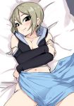  bangs black_eyes black_sweater blanket blush breasts cleavage crossed_arms earrings grey_hair hair_between_eyes hood hoodie idolmaster idolmaster_cinderella_girls jewelry looking_at_viewer lying medium_breasts navel omaru_gyuunyuu on_back on_bed panties shiomi_shuuko short_hair shoulder_cutout smile solo spread_legs strap_slip sweater thighs underwear white_panties 