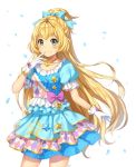  aikatsu!_(series) aikatsu_stars! artist_name bad_id bad_pixiv_id bangs blonde_hair blue_eyes blurry blush bow commentary contrapposto cowboy_shot depth_of_field dress eyebrows_visible_through_hair finger_to_mouth glove_bow gloves hair_bow heart jewelry kim_bae-eo layered_dress long_hair looking_at_viewer necklace petals ponytail puffy_short_sleeves puffy_sleeves shiratori_hime short_sleeves simple_background smile solo standing star very_long_hair white_background white_gloves 