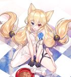  animal_ears bangs bare_shoulders black_gloves blonde_hair blue_eyes blue_flower blue_rose blush bowl breasts checkered checkered_floor choker commentary_request dog_food dress eyebrows_visible_through_hair fang flower frilled_choker frills from_above g41_(girls_frontline) girls_frontline gloves hair_between_eyes hair_ornament heterochromia highres long_hair looking_at_viewer maett navel no_shoes open_clothes open_dress open_mouth panties pet_bowl red_eyes reflection rose short_dress sidelocks single_thighhigh sitting skindentation small_breasts smile solo stomach thigh_strap thighhighs thighs twintails underwear very_long_hair wariza white_dress white_panties 