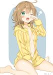 ;o ahoge blush breasts brown_hair commentary_request dated eyebrows_visible_through_hair green_eyes hair_between_eyes kuro_gogolions long_hair long_sleeves looking_at_viewer messy_hair navel one_eye_closed open_clothes original pajamas rubbing_eyes shirt sidelocks simple_background sitting sleepy small_breasts solo striped striped_pajamas tears teeth unbuttoned wariza yellow_shirt 