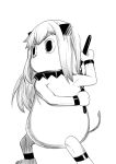  1girl arm_up collar comic commentary_request greyscale highres horns kantai_collection long_hair looking_to_the_side mittens momosuke_(toouka) monochrome moomin muppo nunchaku shadow shinkaisei-kan sidelocks solo standing tail weapon 