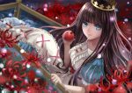  apple bangs black_hair blue_eyes blunt_bangs coffin crown dress flower food fruit long_dress long_hair looking_at_viewer marchen monogo red_flower red_lips schneewittchen smile solo sound_horizon spider_lily 