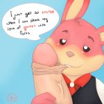  2015 anthro arcade_bunny big_dom_small_sub bite black_eyes blush clothed clothing dialogue duo english_text erection fellatio foreskin_bite foreskin_play fur hair hi_res human humanoid_penis interspecies lagomorph looking_at_viewer lunasfolly male male/male mammal necktie nintendo nintendo_badge_arcade oral paws penis pink_fur pink_hair rabbit retracted_foreskin sex size_difference solo_focus teasing teeth text thick_penis uncut vein video_games 