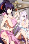  absurdres antenna_hair apron ass black_hair body_blush breast_slip breasts cleavage covered_nipples cream d; frilled_apron frills hair_ribbon high_school_dxd high_school_dxd_hero highres himejima_akeno kitchen koikawa_shinpei large_breasts lavender_panties light_blue_eyes long_hair looking_at_viewer megami mixing_bowl multiple_girls naked_apron nearly_naked_apron official_art one_breast_out one_eye_closed open_mouth panties pink_apron ponytail purple_eyes ribbon rossweisse silver_hair smile underwear very_long_hair white_apron white_frills 