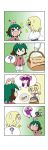  &gt;_&lt; 0_0 4girls 4koma :d =_= ? @_@ absurdres alice_margatroid animal_ears arm_up blonde_hair blue_dress blush_stickers bow capelet checkerboard_cookie comic cookie crescent crescent_moon_pin dress fairy_wings flying_sweatdrops food gradient gradient_background green_hair hair_bow hair_ribbon hairband hat highres jam_cookie kasodani_kyouko lily_white lolita_hairband mob_cap multiple_girls no_mouth on_head open_mouth patchouli_knowledge picnic_basket purple_hair rakugaki-biyori ribbon silent_comic skirt smile spoken_character spoken_food spoken_question_mark squiggle sweatdrop touhou tress_ribbon twintails wings xd 