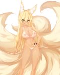  :q absurdres ahoge animal_ears bikini_tan blonde_hair breasts commission fox_ears fox_tail green_eyes hair_between_eyes hand_on_hip heart_tattoo heterochromia highres jjickjjicke kyuubi large_breasts long_hair looking_at_viewer multiple_tails navel nipples nude original pussy simple_background solo stomach tail tan tanline tattoo tongue tongue_out v-shaped_eyebrows very_long_hair whisker_markings white_background yellow_eyes 