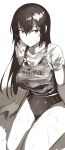  breasts highres hips large_breasts lolicept long_hair looking_at_viewer monochrome one-piece_swimsuit original school_swimsuit shirt sitting swimsuit thighs wet wet_clothes wet_shirt wet_t-shirt 