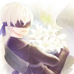  android black_blindfold blindfold bouquet commentary flower hair_over_eyes holding holding_bouquet jacket kicchan lunar_tear male_focus nier_(series) nier_automata open_mouth short_hair shorts silver_hair sitting smile solo yorha_no._9_type_s 