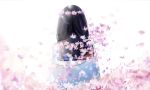  amenomori_howa backlighting black_hair cherry_blossoms from_behind graduation head_wreath highres light_particles long_hair original petals school_uniform serafuku solo upper_body 