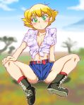  breasts check_commentary cleavage commentary_request daisougen_no_chiisana_tenshi:_bush_baby graphite_(medium) jacqueline_rhodes medium_breasts millipen_(medium) onnaski short_hair short_shorts shorts solo traditional_media world_masterpiece_theater 