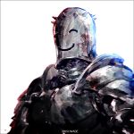  ambiguous_gender black_border blood blood_splatter border breastplate commentary copyright_request helmet kei-suwabe pauldrons plate_armor simple_background smiley_face solo spikes twitter_username upper_body white_background 