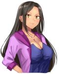  black_hair blue_shirt breasts brown_eyes cleavage collarbone commentary_request fuchina idolmaster idolmaster_cinderella_girls jacket large_breasts long_hair looking_at_viewer mukai_takumi protected_link purple_jacket shirt simple_background sleeves_rolled_up smile solo upper_body white_background 