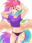  2017 5_fingers absurd_res anthro anthrofied breasts clothed clothing crop_top cute cutie_mark equine eyebrows eyelashes feathered_wings feathers female friendship_is_magic fully_clothed fur hair hand_behind_head hi_res horn kneeling lispp long_hair mammal multicolored_hair my_little_pony navel nipples one_eye_closed open_mouth panties portrait pose princess_celestia_(mlp) purple_eyes rainbow_hair shirt signature simple_background solo sparkles thick_thighs tongue underwear white_background white_feathers winged_unicorn wings 