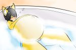  abdominal_bulge anthro bathtub belly big_belly black_hair blush cat catsikune catsikune_(character) cute eyes_closed feline fur girly hair hand_on_stomach hyper hyper_belly lying male mammal navel nude penis sleeping solo sound_effects star text water yellow_fur zzz 