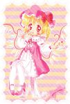  bangs blonde_hair blush bow crystal dress flandre_scarlet food foot_dangle fork form hat hat_bow high_heels holding holding_fork holding_plate knees_together lace_border looking_at_viewer mob_cap neck_ribbon one_side_up pantyhose pigeon-toed pink_bow pink_dress pink_footwear pink_hat plate red_bow red_eyes ribbon ribbon-trimmed_bow sitting solo strawberry_shortcake striped striped_background striped_bow tongue tongue_out touhou white_legwear wings zatsuni 