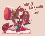  animal_ears ascot asymmetrical_bangs bangs birthday bracer brooch brown_eyes brown_hair closed_mouth commentary defense_of_the_ancients dota_2 double_dealing_character dress earthshaker eyebrows_visible_through_hair fingernails full_body happy_birthday highres imaizumi_kagerou indian_style jewelry long_fingernails long_hair looking_at_viewer red_skirt shadow simple_background sitting skirt smile solo tail text_focus totem touhou werewolf wolf_ears wolf_girl wolf_tail yoruny 