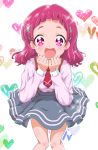  1girl :d bangs blue_skirt blunt_bangs cowboy_shot curled_fingers hair_ribbon hands_on_own_chin heart heart_background hugtto!_precure knees_together l&#039;avenir_academy_school_uniform long_sleeves looking_at_viewer necktie nono_hana open_mouth pink_eyes pink_hair pink_shirt precure red_neckwear ribbon school_uniform shirt short_hair skirt smile solo sparkle striped striped_skirt suspender_skirt suspenders tomita_hiroshi white_background wide-eyed 